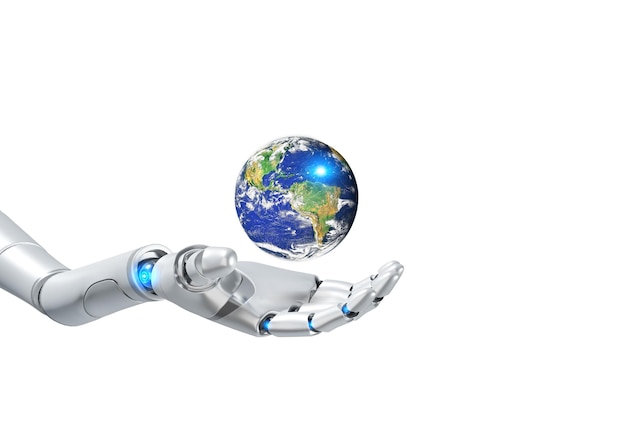 Robot Hand Holding globe on white background 3d render Elements of this image furnished by NASA