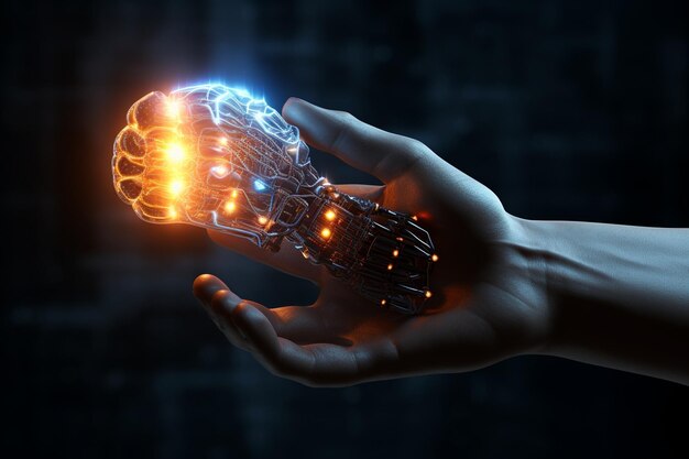 Robot hand holding a glowing brain symbolizing the 00156 00