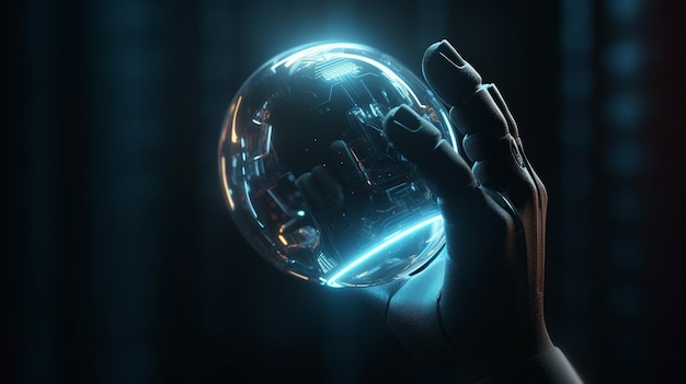 Photo robot hand holding a glowing crystal ball 3d rendering generative ai