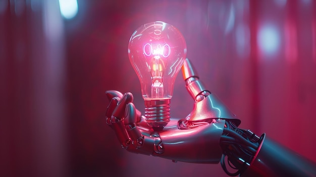 Robot hand holding a glowing light bulb symbolizing ideas and innovation