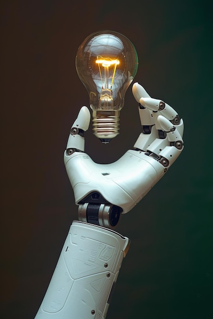 A robot hand holding a glowing light bulb