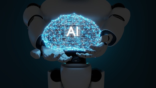 Photo robot hand holding human brain.3d rendering