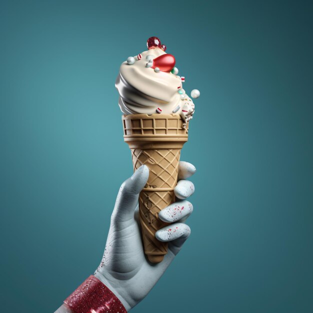 Robot hand holding ice cream cone with christmas