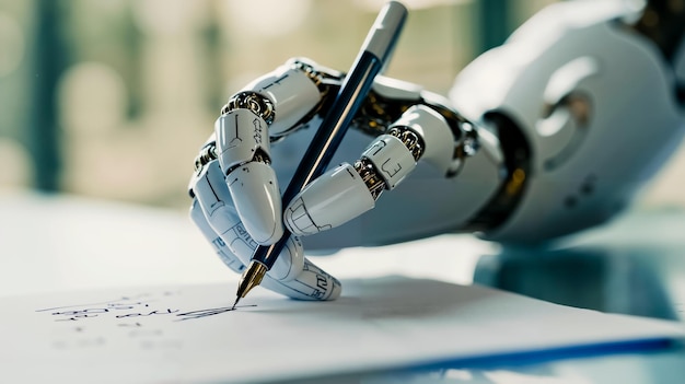 a robot hand holding a pen and writing on a piece of paper