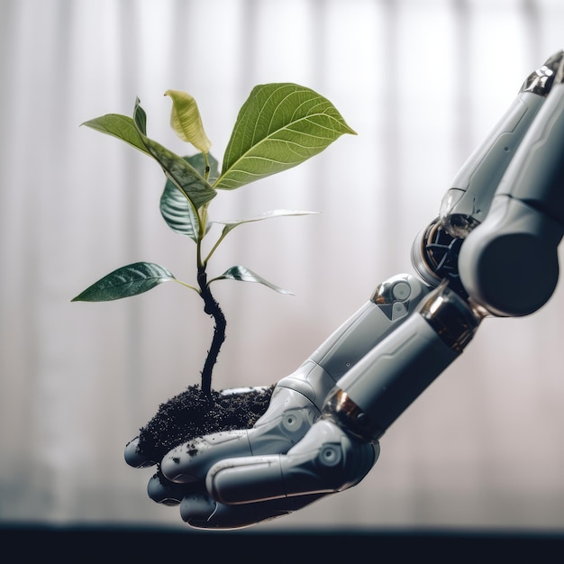 Robot hand holding a plant generative ai