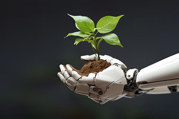 a robot hand holding a plant and a small tree