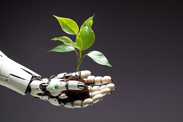 식물과 작은 나무를 들고 있는 로봇 손