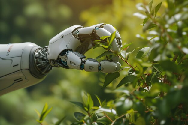 Photo robot hand holding a plant