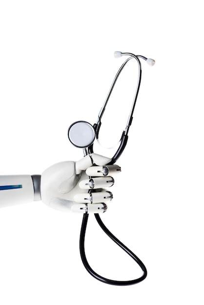 robot hand holding stethoscope isolated