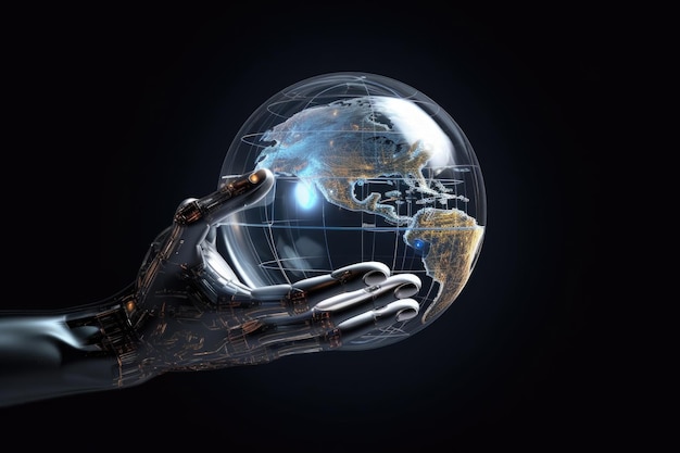Рука робота держит глобус планеты Генеративный ИИ