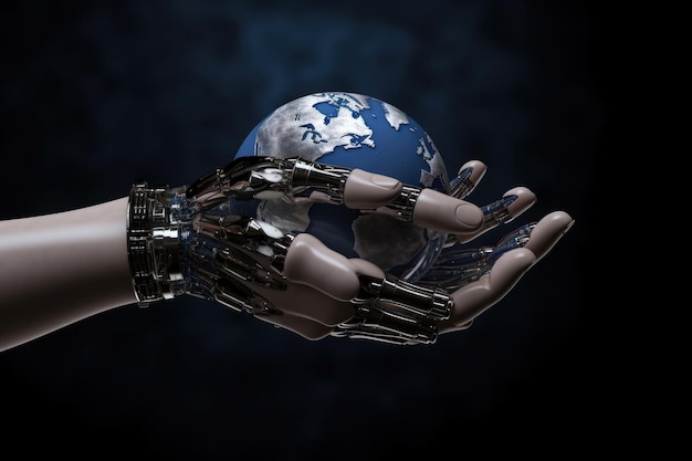 Robot hand holds planet globe Generative AI