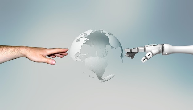 The robot hand and the human hand hold the planet earth. 3D rendering.