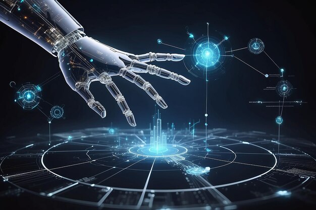 ロボットの手と人間の手がクリスタルデジタル世界を指さしている