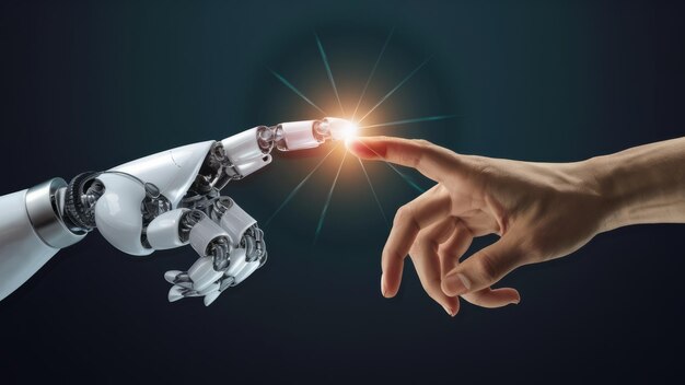 a robot hand and a human hand touching