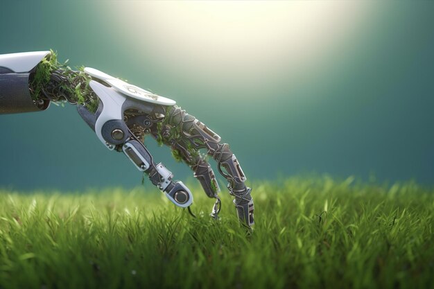 Photo a robot hand is on a grassy field with grass growing out of it.