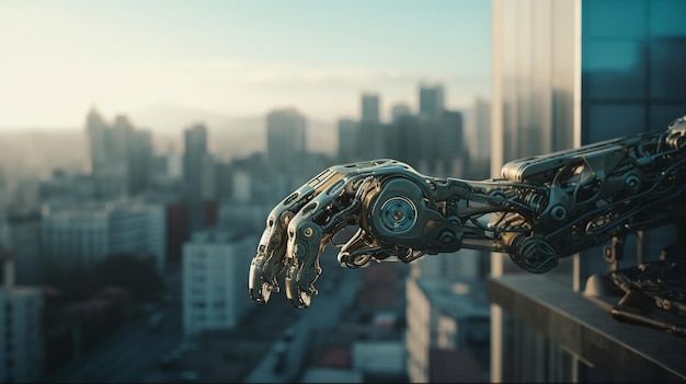 A robot hand is shown on a balcony in a cityscape.