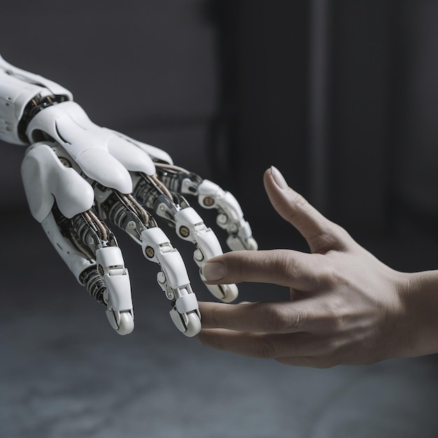 A robot hand is touching a human hand.