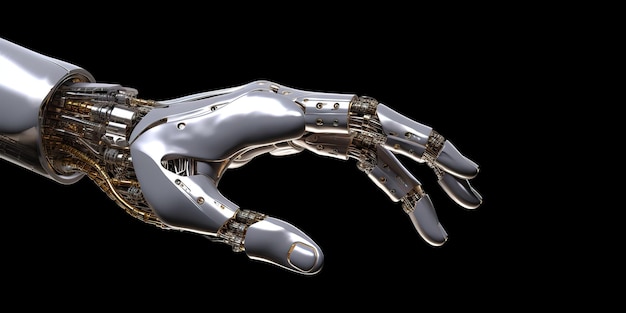 人間の手と接触するロボットの手 サイボルグの手 指を指さすAIの技術