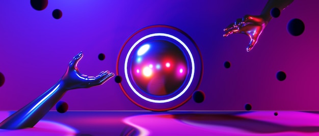Robot hand met hersenen van geest in gezonde concept abstracte achtergrondkleur videospel van esports scifi gaming cyberpunk vr virtual reality simulatie en metaverse 3d illustratie weergave