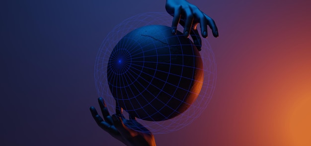 Robot hand met holografische van globe metaverse netwerk metaverse internet sociaal online