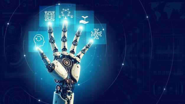 Фото Рука робота на виртуальном экране 2024 ии и инновации будущий год роста 2024новая технологическая тенденция