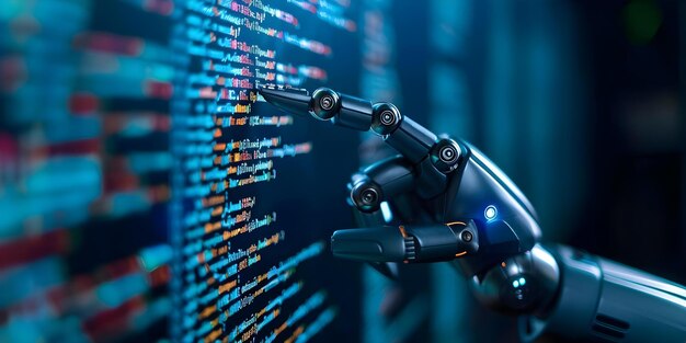 robot hand pointing at code on computer screen symbolizing advanced technology concept technology coding robotics ai computer science