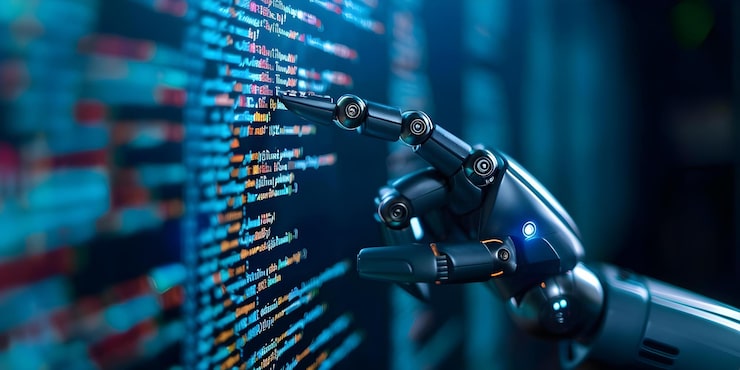 Photo robot hand pointing at code on computer screen symbolizing advanced technology concept technology coding robotics ai computer science