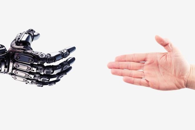 Robot hand reaches out to the human hand Handshake of a cyborg and a man Technology concept Friendship between a robot and a human