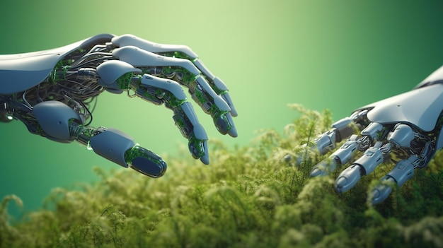 A robot hand reaches out to touch a plant.