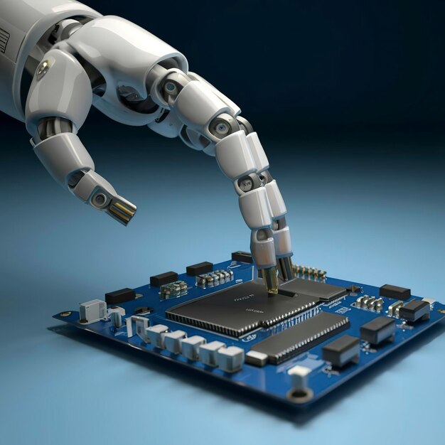 A robot hand reaches up to a circuit board with a blue background