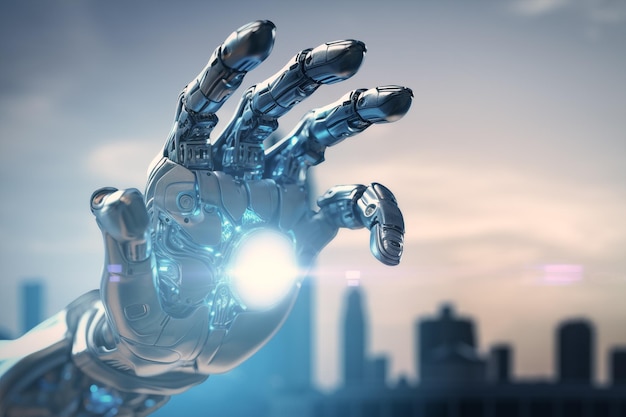 Robot hand reaching out with futuristic city backdrop Generative AI