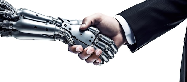 robot hand shakes human businessman hand