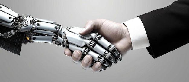 robot hand shakes human businessman hand