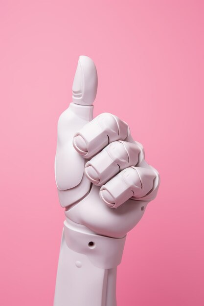 Robot hand showing thumbs up on pink background