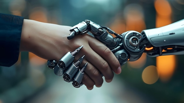 A robot hand in a suit is shaking hands with a human hand