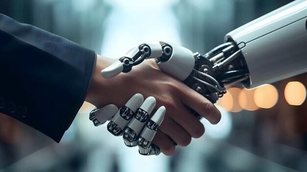 A robot hand in a suit is shaking hands with a human hand