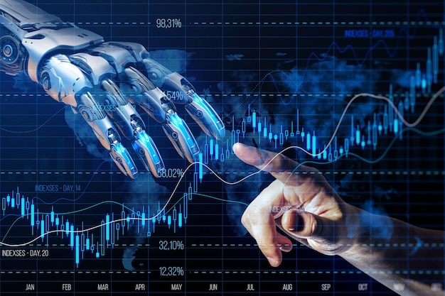 Foto mano del robot che tocca la mano umana con il grafico forex sullo schermo virtuale ia generativa