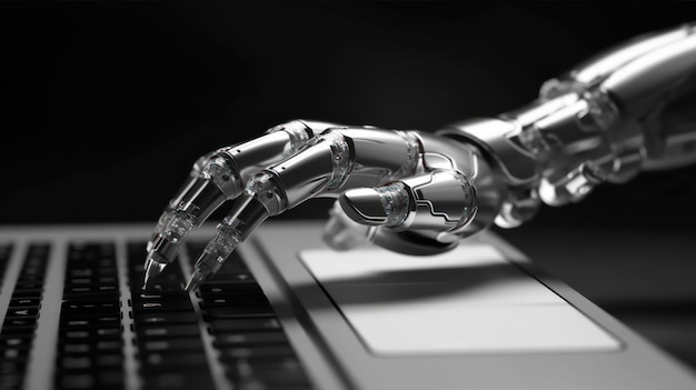 Robot hand trying to hack into the laptop