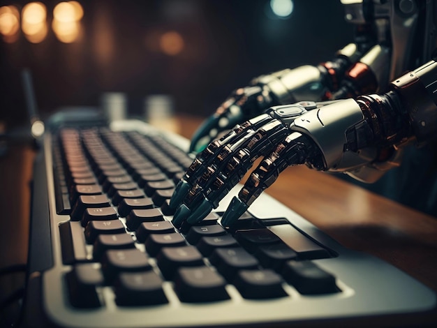 Робот печатает на компьютере. Концепция искусственного интеллекта.