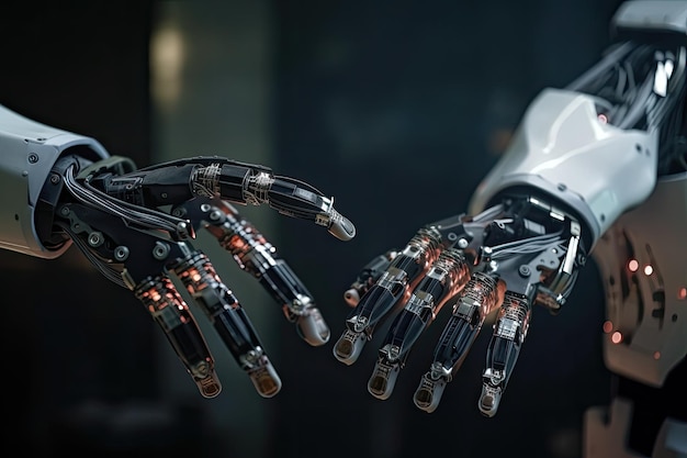 Robot hand with artificial intelligence and machine learning concept 3d rendering Futuristic Robots handshaking AI Generated