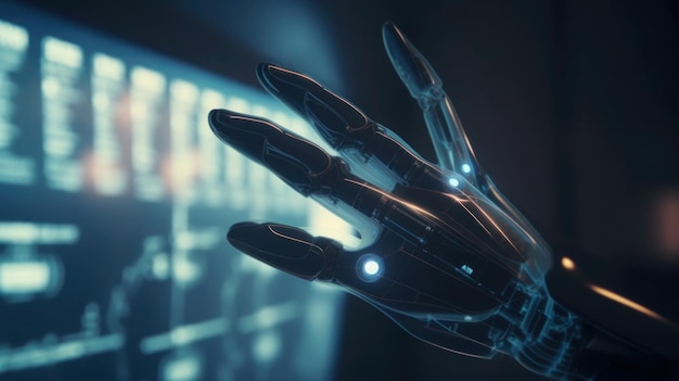 A robot hand with a blue light on the left hand.