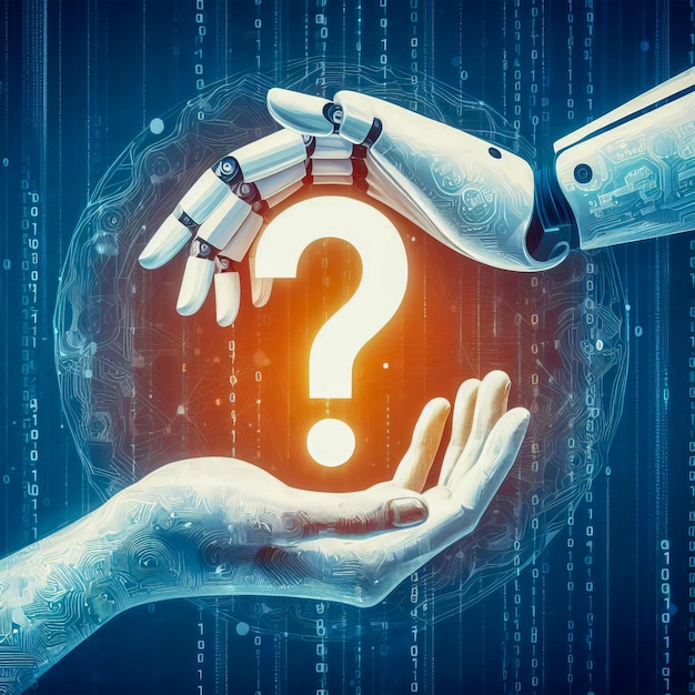 Robot hand with a question mark on digital binary code background