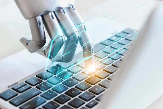 Robot hands and fingers point to laptop button advisor chatbot robotic artificial intelligence concept