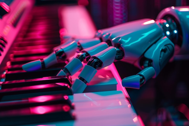 Robot Hands in Motion on Piano under Neon Lights