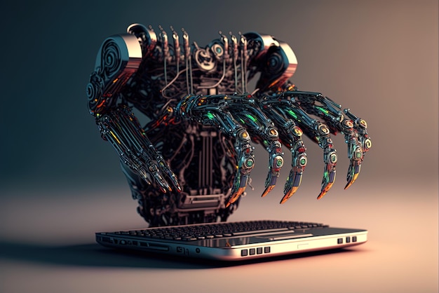 robot hands with laptop Mechanical appendages
