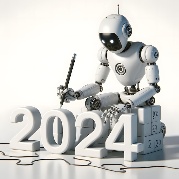 Robot and Happy New Year 2024 concept with 3d rendering futuristic artificial technology