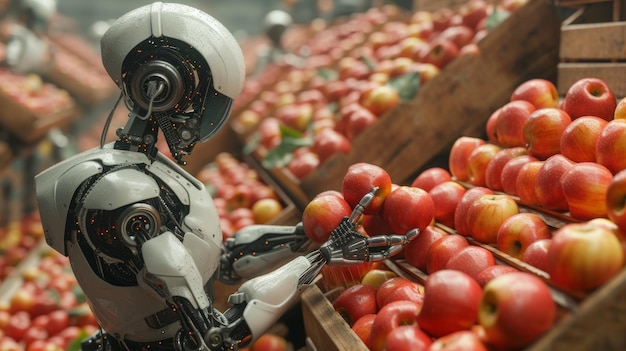 Фото Робот собирает яблоки в деревянную коробку в саду