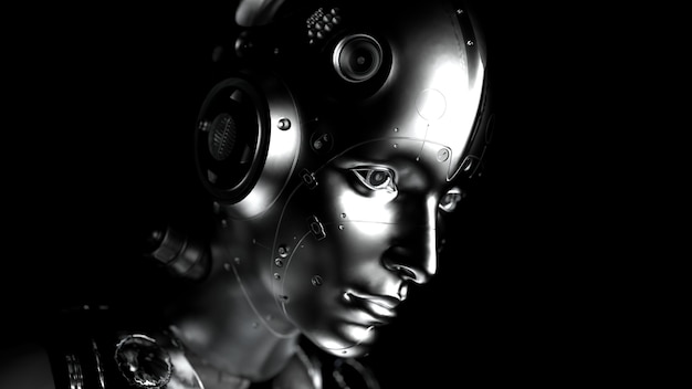 robot head on dark surface