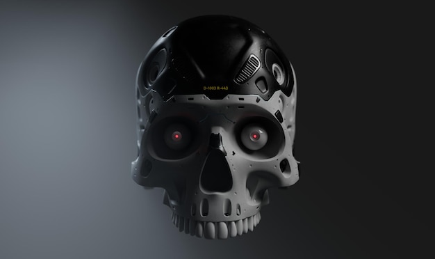 Photo robot head stylized as a human skull neural network concept