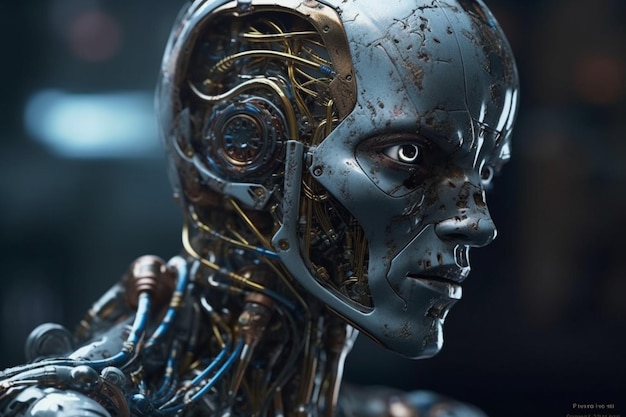 파란 눈과 녹색 눈을 가진 로봇 머리.